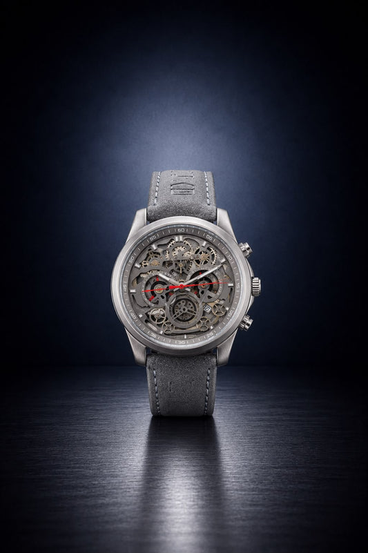 "Skeleton Edition" – Industrial Grey Suede Luxury Watc