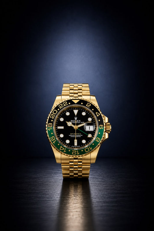 Elite "Global-Master" Edition – Full Gold GMT with Emerald-Stealth Bezel